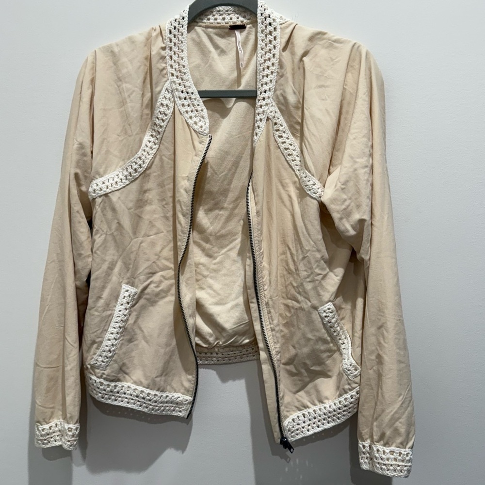 Free People Tan Bomber Jacket with Crochet Details